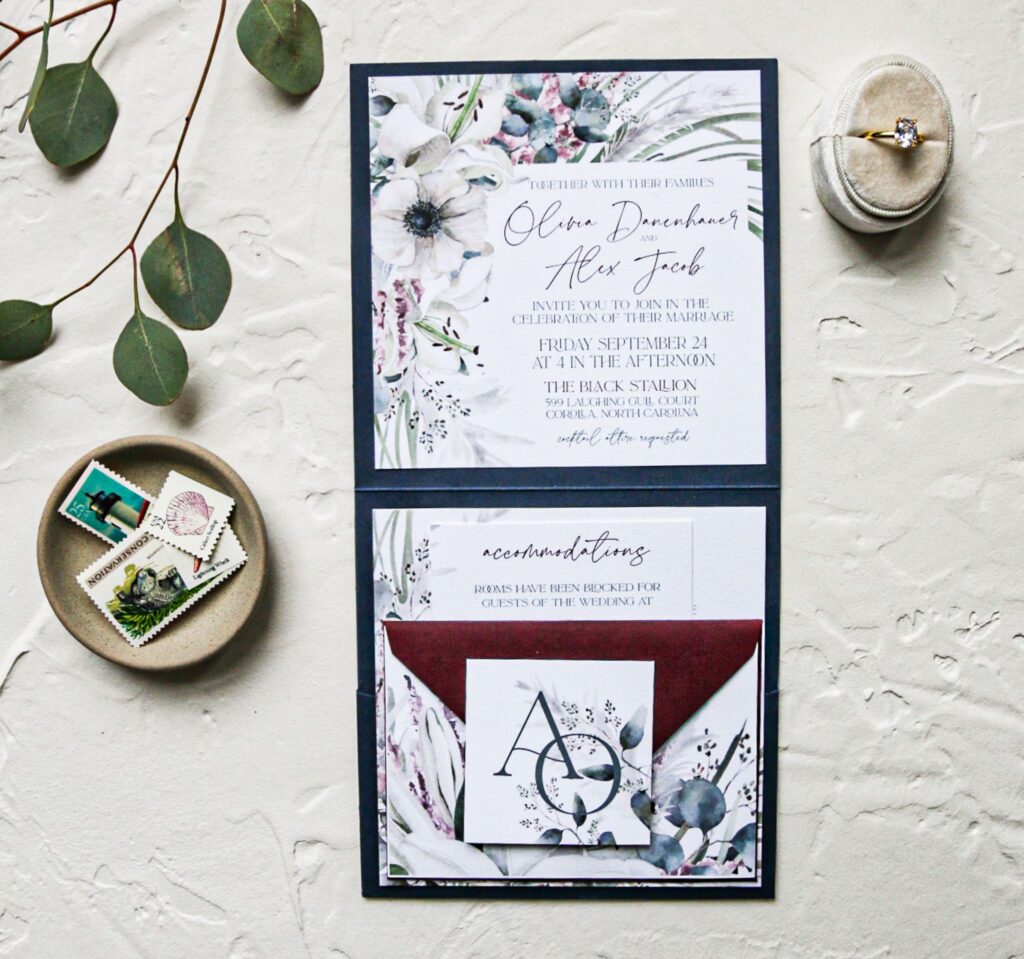 botanical illustration wedding invitation with pocket